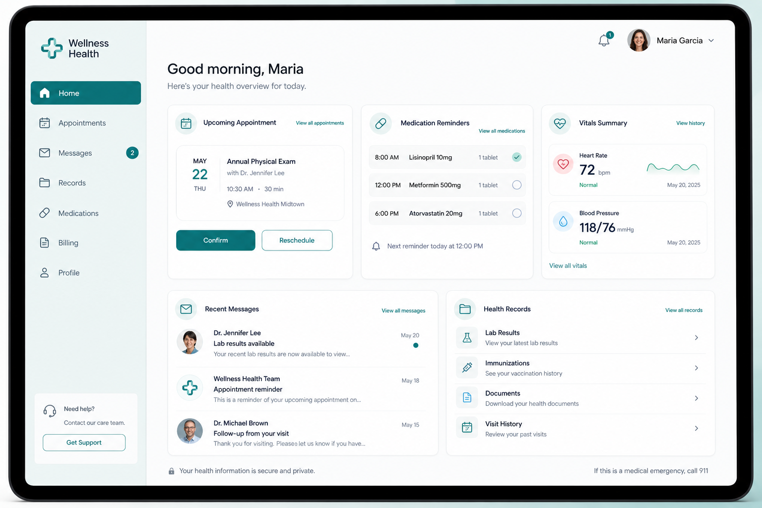 Healthcare portal — patient dashboard