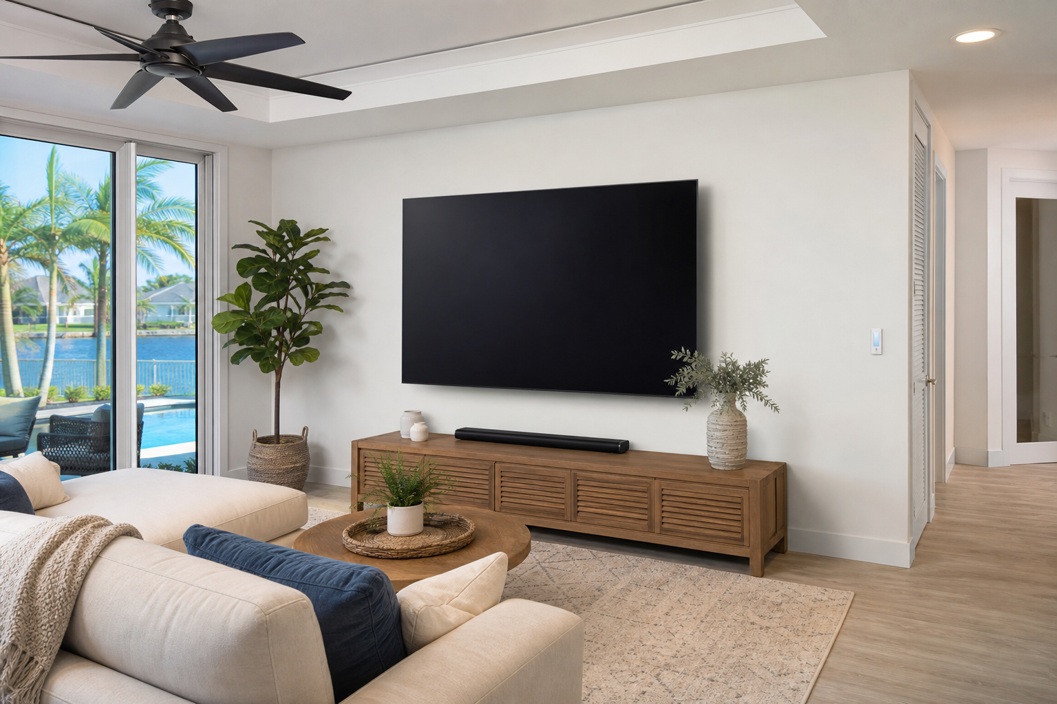 TV mount with hidden wires — living room